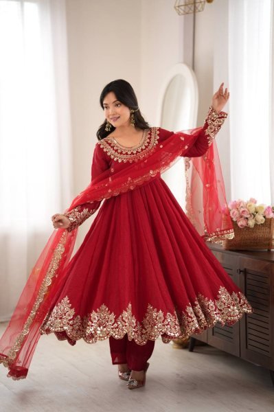 Versatile Red Karwa Chauth Special Doremon Crush Top Bottom Dupatta Set For Festival Ready To Wear Collection