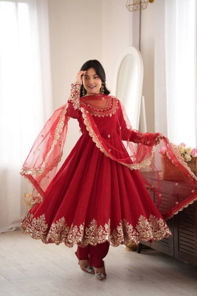 Versatile Red Karwa Chauth Special Doremon Crush Top Bottom Dupatta Set For Festival Ready To Wear Collection