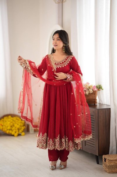 Versatile Red Karwa Chauth Special Doremon Crush Top Bottom Dupatta Set For Festival Ready To Wear Collection