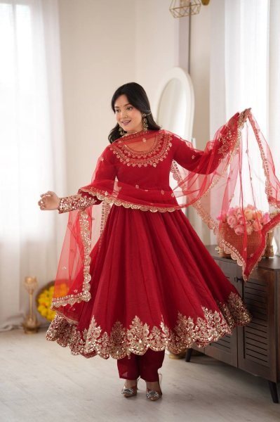 Versatile Red Karwa Chauth Special Doremon Crush Top Bottom Dupatta Set For Festival Ready To Wear Collection