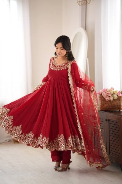 Versatile Red Karwa Chauth Special Doremon Crush Top Bottom Dupatta Set For Festival Ready To Wear Collection