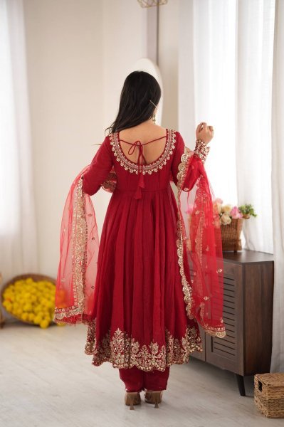 Versatile Red Karwa Chauth Special Doremon Crush Top Bottom Dupatta Set For Festival Ready To Wear Collection