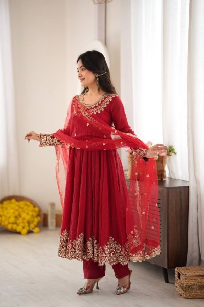 Versatile Red Karwa Chauth Special Doremon Crush Top Bottom Dupatta Set For Festival Ready To Wear Collection