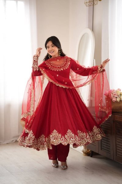 Versatile Red Karwa Chauth Special Doremon Crush Top Bottom Dupatta Set For Festival Ready To Wear Collection