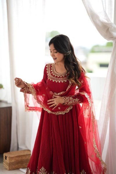 Versatile Red Karwa Chauth Special Doremon Crush Top Bottom Dupatta Set For Festival Ready To Wear Collection