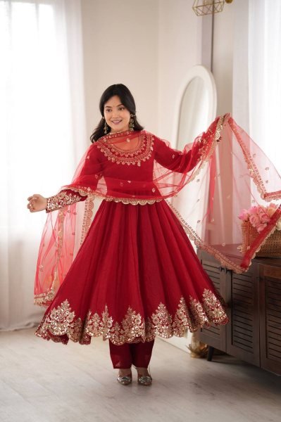Versatile Red Karwa Chauth Special Doremon Crush Top Bottom Dupatta Set For Festival Ready To Wear Collection