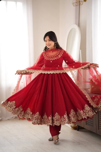 Versatile Red Karwa Chauth Special Doremon Crush Top Bottom Dupatta Set For Festival Ready To Wear Collection
