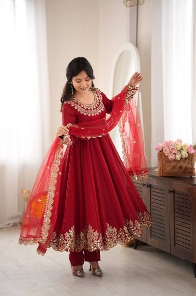 Versatile Red Karwa Chauth Special Doremon Crush Top Bottom Dupatta Set For Festival Ready To Wear Collection