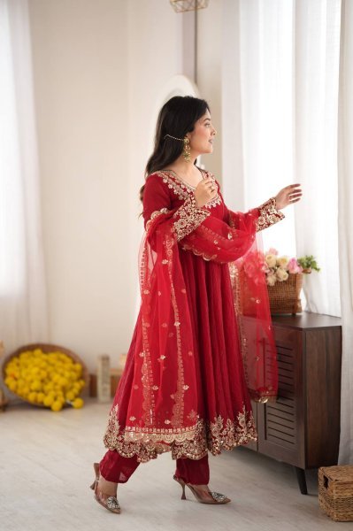 Versatile Red Karwa Chauth Special Doremon Crush Top Bottom Dupatta Set For Festival Ready To Wear Collection