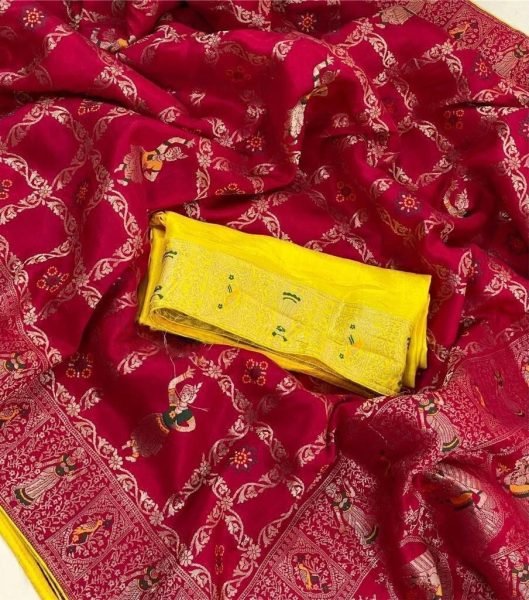 Versatile Red Party Wear Pure Dhola Silk Saree with All Over Meenakari Jaal Weaving Silk Sarees Wholesale