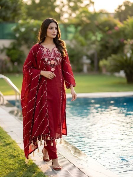 Versatile Red Roman Silk Embroidered Kurta Pant Dupatta Set for Women Kurtis