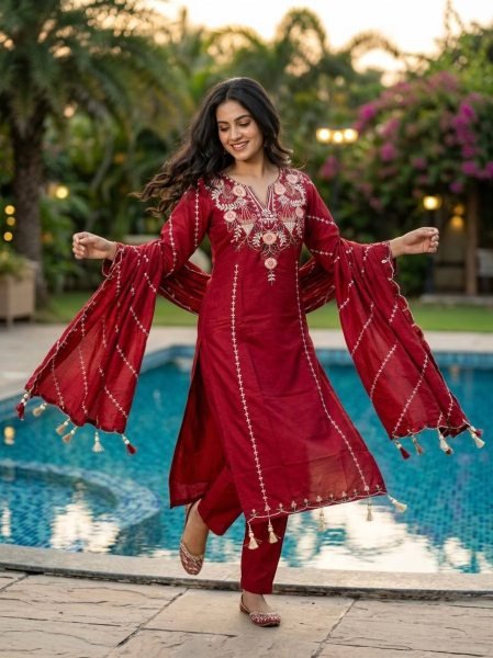 Versatile Red Roman Silk Embroidered Kurta Pant Dupatta Set for Women Embroidery Kurtis 