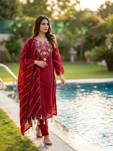 Versatile Red Roman Silk Embroidered Kurta Pant Dupatta Set for Women Embroidery Kurtis 