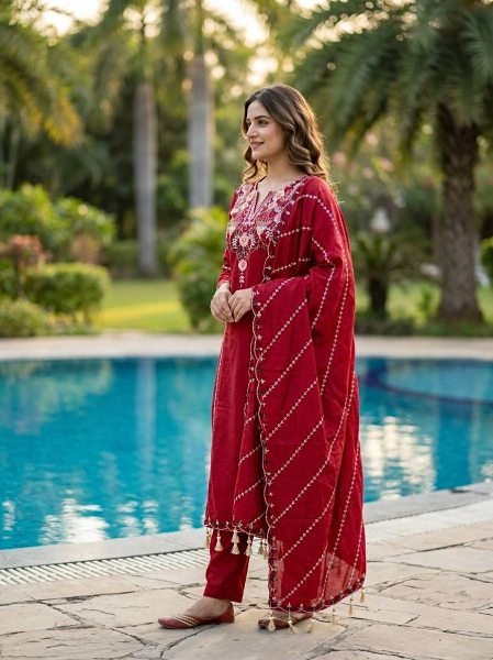 Versatile Red Roman Silk Embroidered Kurta Pant Dupatta Set for Women Embroidery Kurtis 