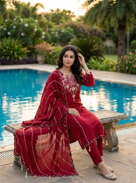 Versatile Red Roman Silk Embroidered Kurta Pant Dupatta Set for Women Embroidery Kurtis 