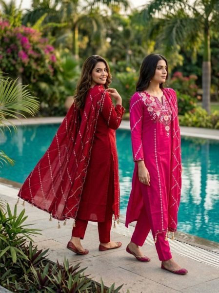 Versatile Red Roman Silk Embroidered Kurta Pant Dupatta Set for Women Embroidery Kurtis 