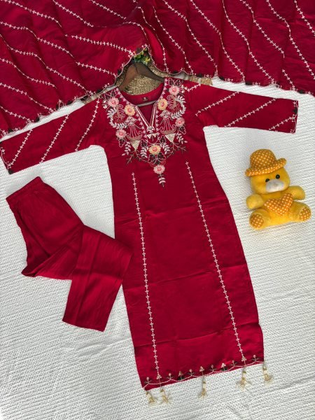 Versatile Red Roman Silk Embroidered Kurta Pant Dupatta Set for Women Embroidery Kurtis 