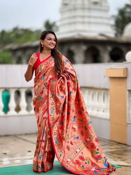 Versatile Red Soft Paithani Silk Saree with Peacock Swan Lotus Meenakari Weaving 