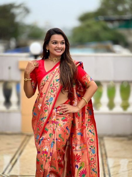 Versatile Red Soft Paithani Silk Saree with Peacock Swan Lotus Meenakari Weaving Silk Sarees Wholesale