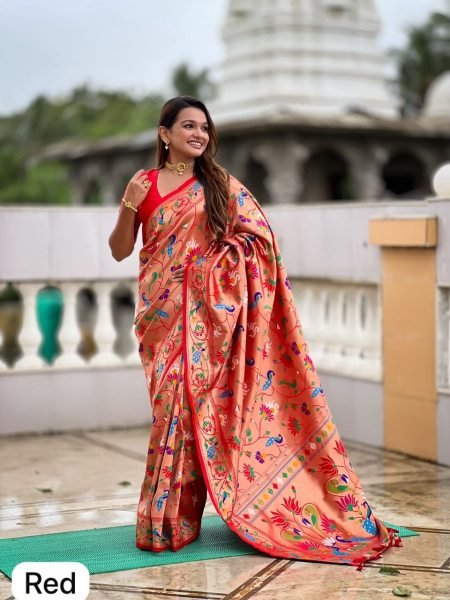 Versatile Red Soft Paithani Silk Saree with Peacock Swan Lotus Meenakari Weaving Silk Sarees Wholesale