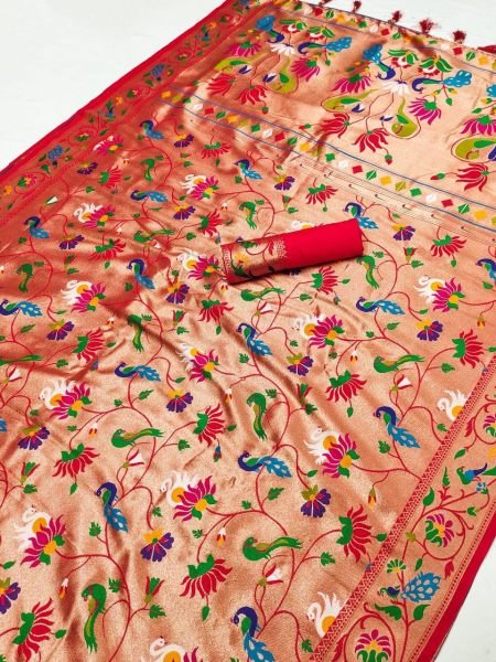 Versatile Red Soft Paithani Silk Saree with Peacock Swan Lotus Meenakari Weaving Silk Sarees Wholesale