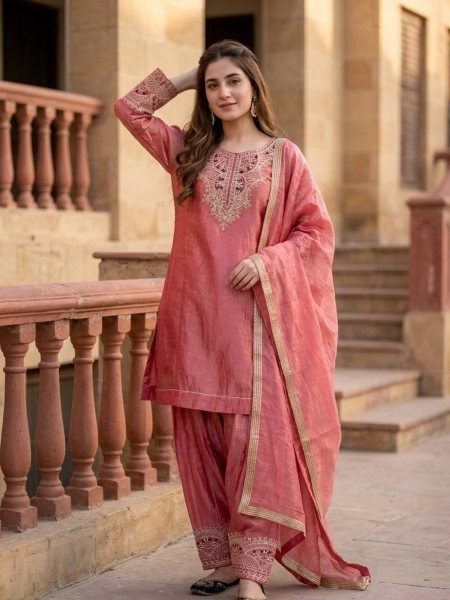 Versatile Rose Fendy Silk Kurta With Embroidery Sleeves For Women Ready To Wear Suit