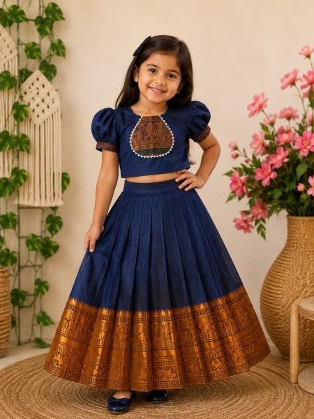 Versatile Navy Blue Designer Girls Cotton Lehenga with Narayan Pet Zari Border Girls Wear