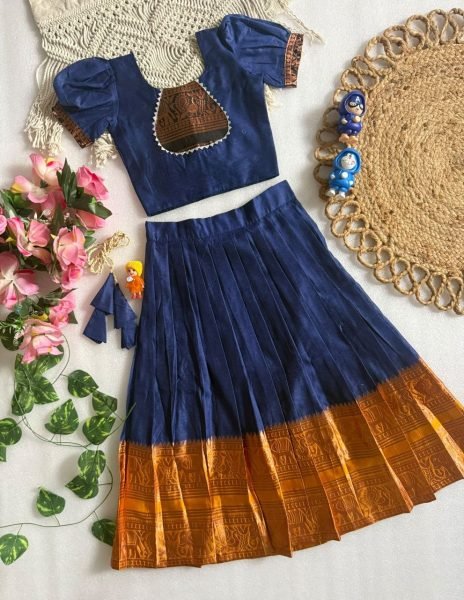 Versatile Navy Blue Designer Girls Cotton Lehenga with Narayan Pet Zari Border Girls Wear