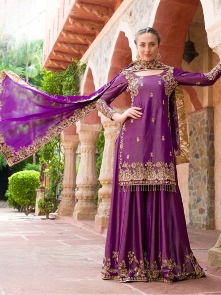 Versatile Shimmer Roman Silk Embroidery Sequence Work Suit Set with Georgette Dupatta at Party Wear 