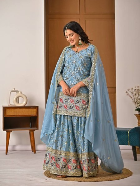 Versatile Sky Blue Chinon Silk Sharara Collection for Boutique and Reseller Buyers Ready To Wear Suit