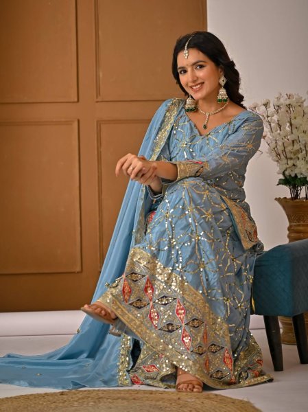 Versatile Sky Blue Chinon Silk Sharara Collection for Boutique and Reseller Buyers Ready To Wear Collection