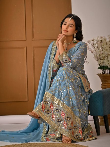 Versatile Sky Blue Chinon Silk Sharara Collection for Boutique and Reseller Buyers Ready To Wear Collection
