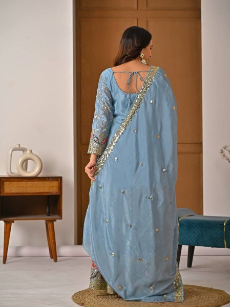 Versatile Sky Blue Chinon Silk Sharara Collection for Boutique and Reseller Buyers Ready To Wear Collection