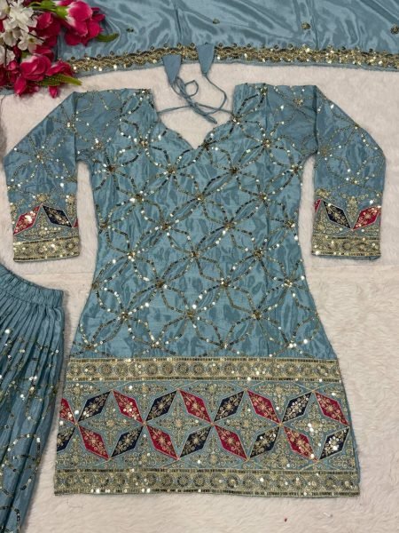 Versatile Sky Blue Chinon Silk Sharara Collection for Boutique and Reseller Buyers Ready To Wear Collection