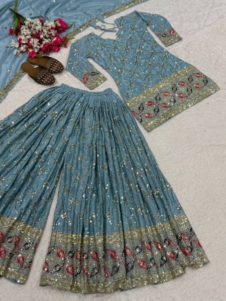 Versatile Sky Blue Chinon Silk Sharara Collection for Boutique and Reseller Buyers Ready To Wear Collection