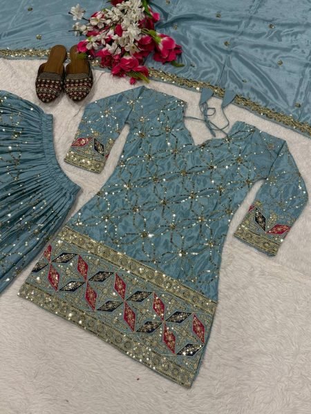 Versatile Sky Blue Chinon Silk Sharara Collection for Boutique and Reseller Buyers Ready To Wear Collection