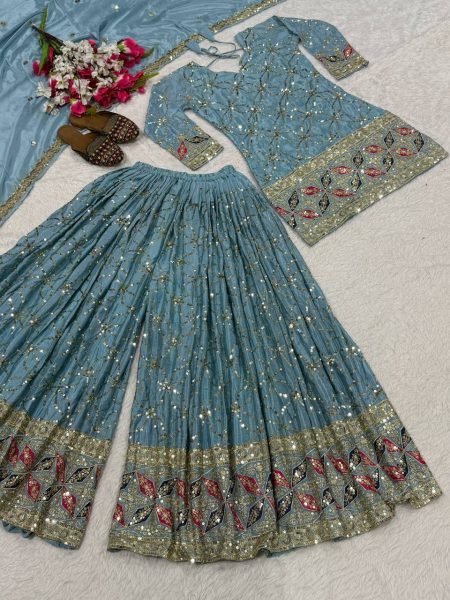 Versatile Sky Blue Chinon Silk Sharara Collection for Boutique and Reseller Buyers Ready To Wear Collection