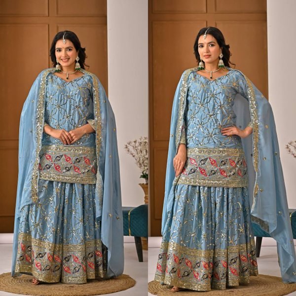 Versatile Sky Blue Chinon Silk Sharara Collection for Boutique and Reseller Buyers Ready To Wear Collection