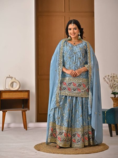 Versatile Sky Blue Chinon Silk Sharara Collection for Boutique and Reseller Buyers Ready To Wear Collection