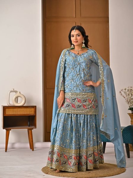 Versatile Sky Blue Chinon Silk Sharara Collection for Boutique and Reseller Buyers Ready To Wear Collection
