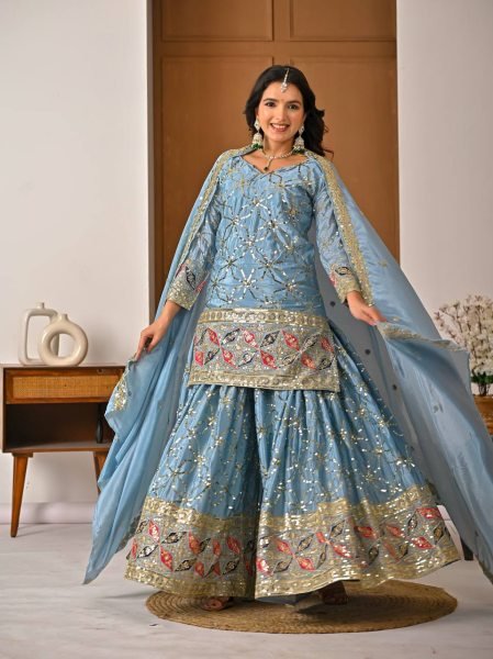 Versatile Sky Blue Chinon Silk Sharara Collection for Boutique and Reseller Buyers Ready To Wear Collection