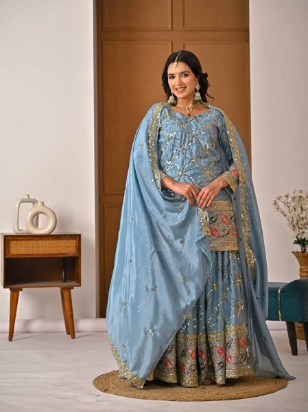 Versatile Sky Blue Chinon Silk Sharara Collection for Boutique and Reseller Buyers Ready To Wear Collection