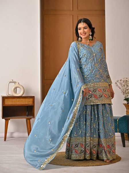 Versatile Sky Blue Chinon Silk Sharara Collection for Boutique and Reseller Buyers Ready To Wear Collection