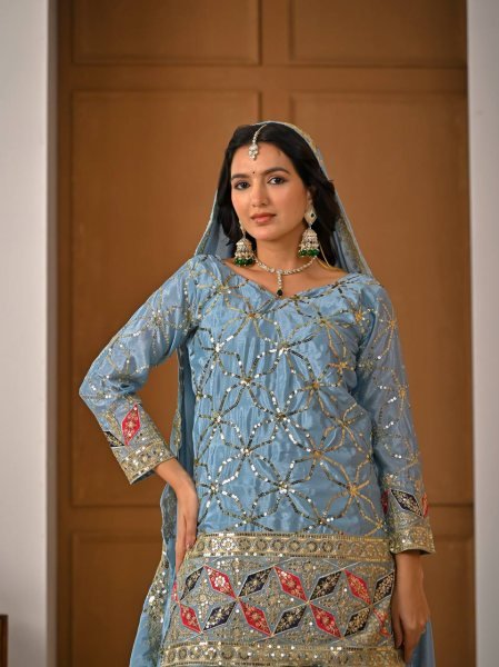 Versatile Sky Blue Chinon Silk Sharara Collection for Boutique and Reseller Buyers Ready To Wear Collection