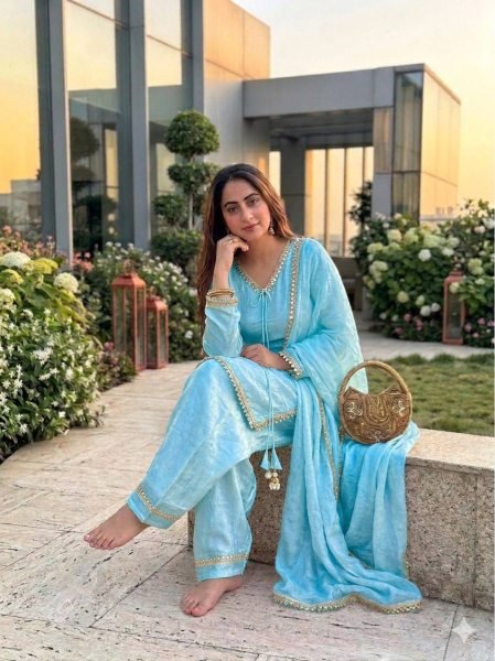 Versatile Sky Blue Designer Fendi Satin Silk Farsi Salwar Suit with Fancy Dupatta Ready To Wear Collection