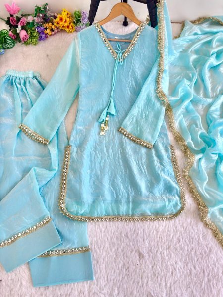Versatile Sky Blue Designer Fendi Satin Silk Farsi Salwar Suit with Fancy Dupatta Ready To Wear Collection