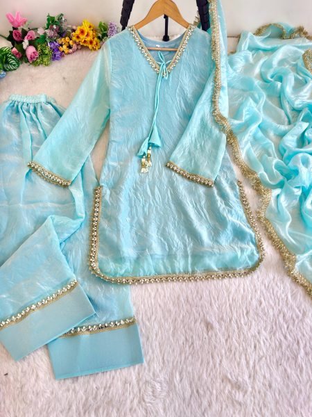 Versatile Sky Blue Designer Fendi Satin Silk Farsi Salwar Suit with Fancy Dupatta Ready To Wear Collection