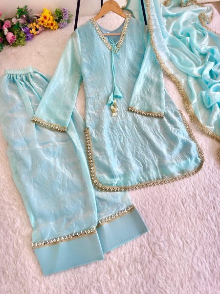 Versatile Sky Blue Designer Fendi Satin Silk Farsi Salwar Suit with Fancy Dupatta Ready To Wear Collection