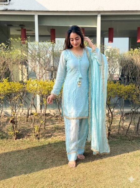 Versatile Sky Blue Designer Fendi Satin Silk Farsi Salwar Suit with Fancy Dupatta Ready To Wear Collection