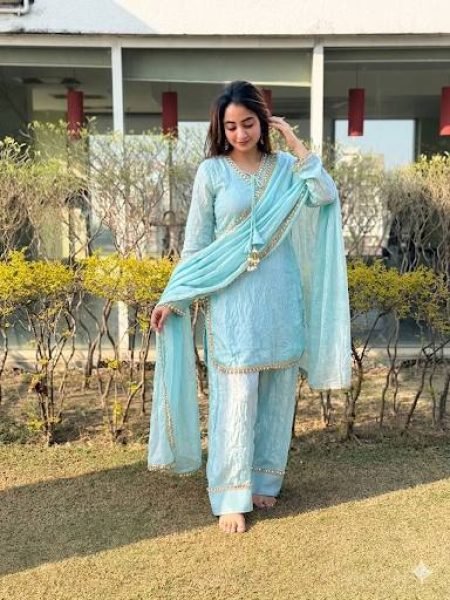 Versatile Sky Blue Designer Fendi Satin Silk Farsi Salwar Suit with Fancy Dupatta Ready To Wear Collection